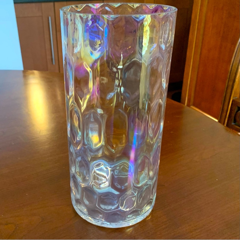10” tall shiny glass vase glass art with color prism glass colors reflections